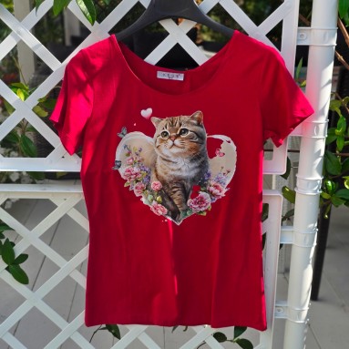 Maglia gatto rossa cuoricini